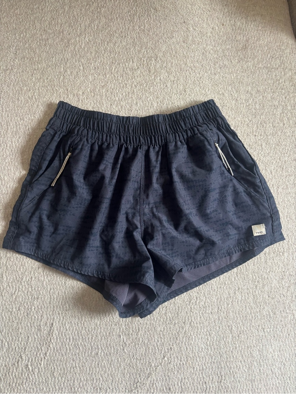Vuori Navy Elastic Waist Athletic Shorts with Zip Pockets